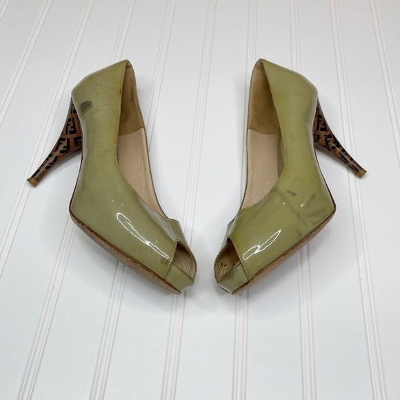 Fendi Green Patent Leather Zucca Print Heel Peep Toe Pumps - Picture 2 of 12